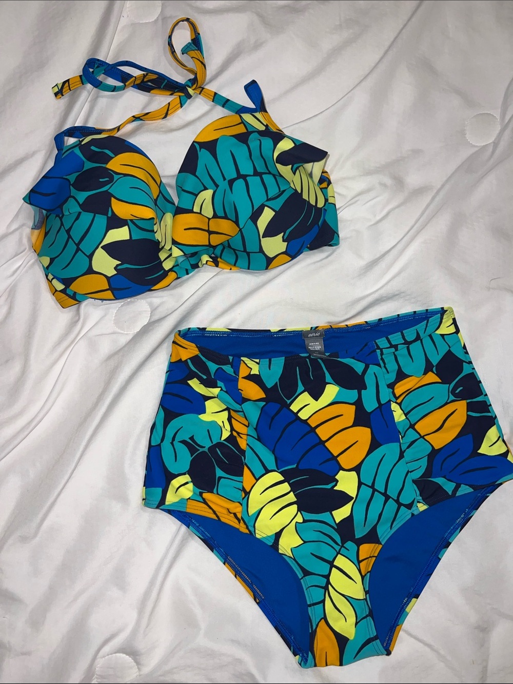 aerie Blue & Teal Floral Leaf High-Waist Bikini Set
